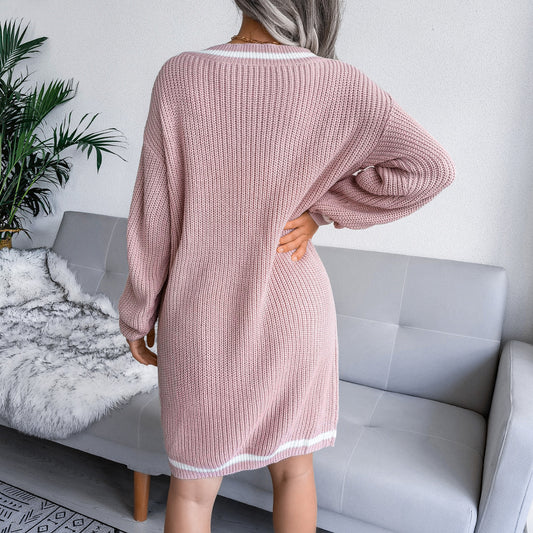 Autumn And Winter College Style V-neck Sweater Knit Dress