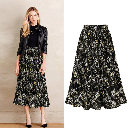 Fashion Printed Floral Chiffon Pleated Skirt