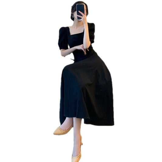 French Vintage Square Neck Wrapped Waist Slim Dress