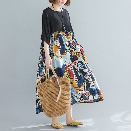 Contrasting Color And Swinging Print Short Sleeve Dress For Women