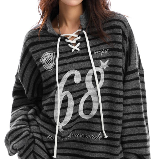 Loose Mixed Color Stripe Lace-up Sweater