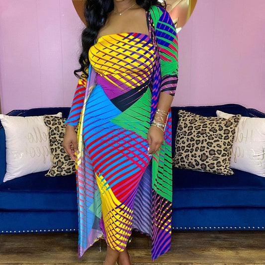 Color Print Women's Strapless Printed Skirt Coat Two-piece Set