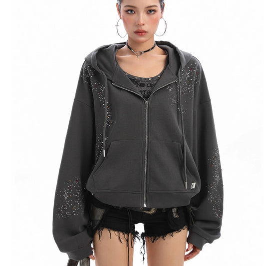Starry Rhinestone Hooded Sweater For Women Zipper Cardigan Outerwear