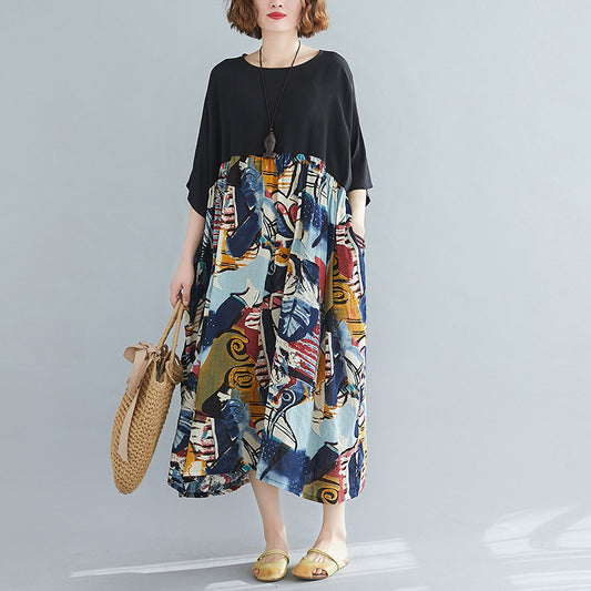 Contrasting Color And Swinging Print Short Sleeve Dress For Women
